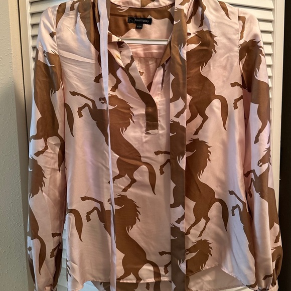 100% Silk Horse Print Long Sleeve Shirt Pink + Brown | Y2K Designer - Picture 11 of 12